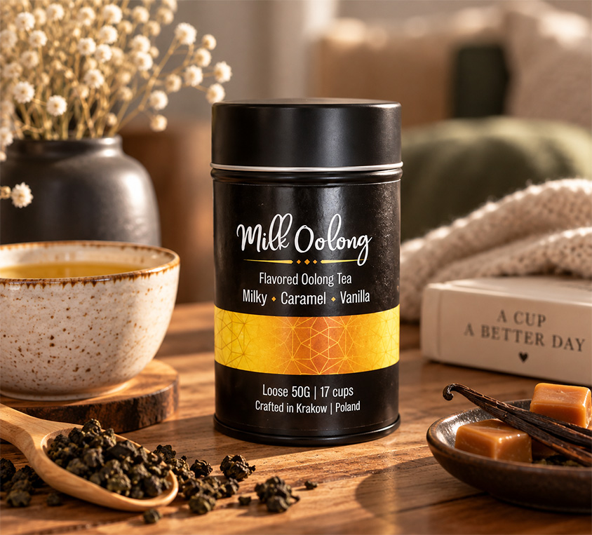 Milk Oolong Leo Tea – dekoracyjna metalowa puszka z liściastą herbatą 50g